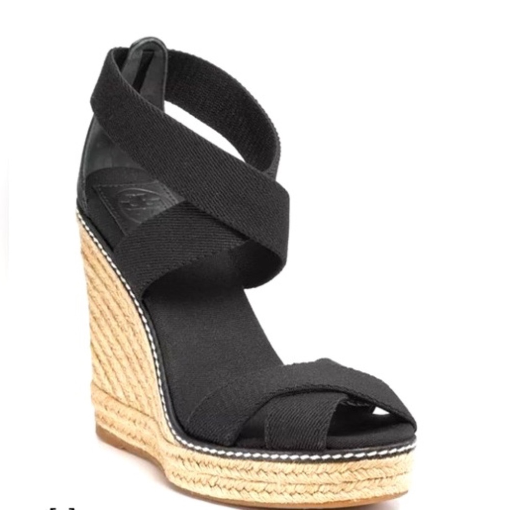 TORY BURCH black fabric Adonis Espadrille Wedge Sandal Sz 8 EUC
